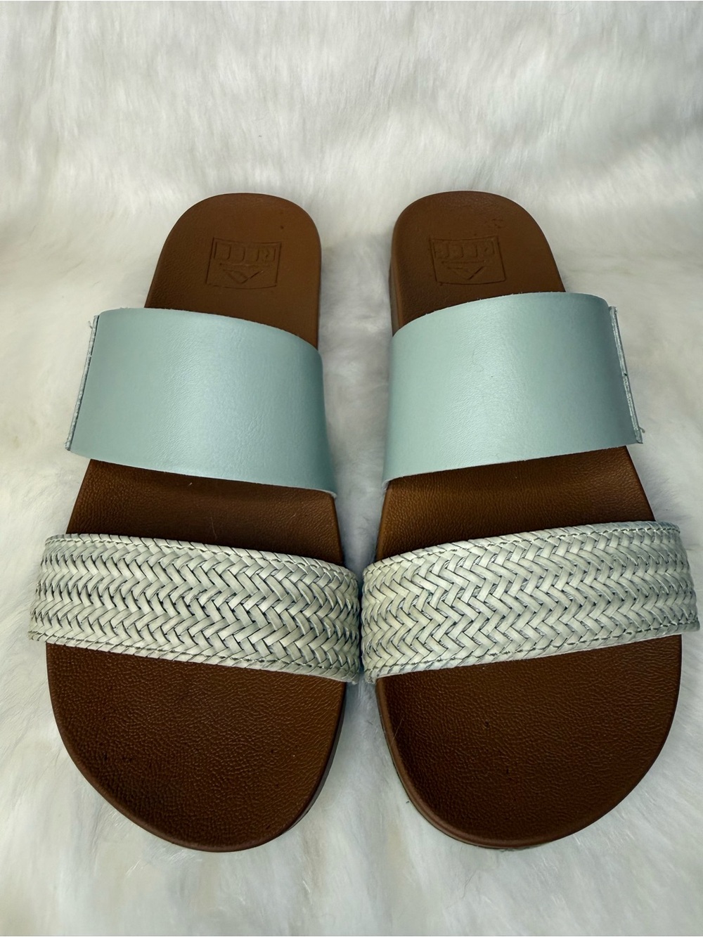 Reef Women’s Light Blue and Brown Two-Band Slide Sandals